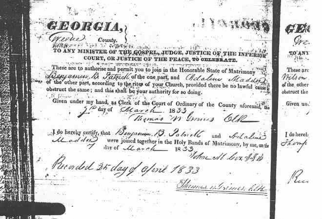 Marriage Cetificate of Benjamin Blanton Patrick and Elizabeth Adaline Maddox